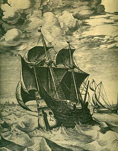 Картины парусников. Гравюра Голландский торговый корабль.