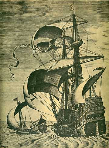 Картины парусников. Гравюра Галеон и галера.