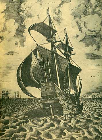 Картины парусников. Гравюра Боевой четырехмачтовый галеон.